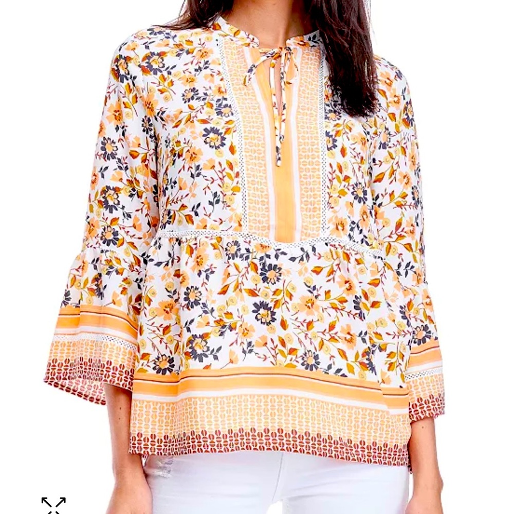 FEVER Floral Bell Sleeved Peplum Blouse With Tie Neck SIZE LARGE.